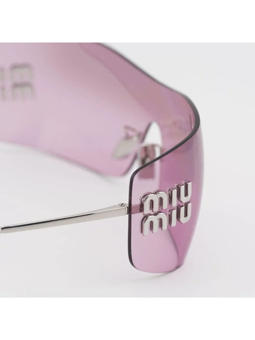 Miu Miu MUB53S 1BC70Y Sunglasses Silver Rimless Shield Frame, Pink Lenses